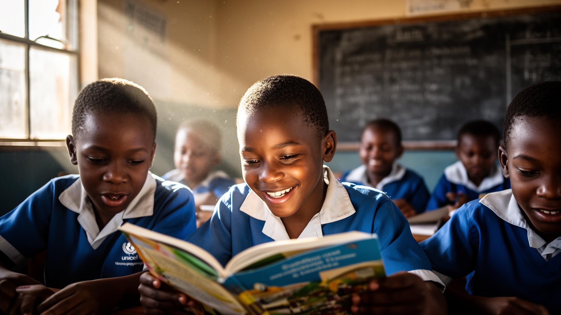 Children reading in a bright safe classroom